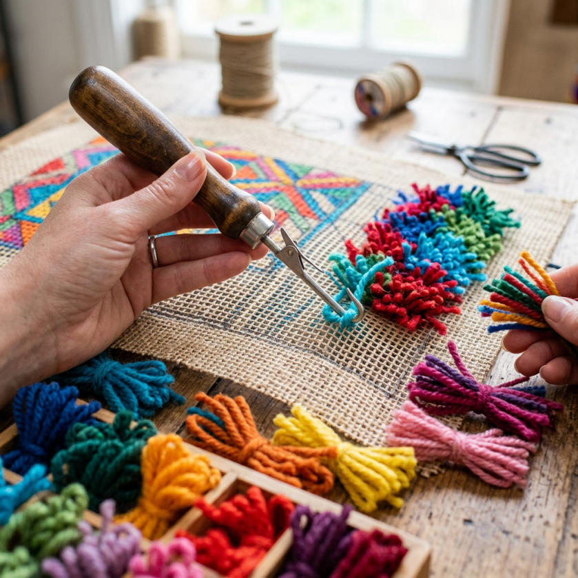 Hands creating a colorful latch hook rug with yarn and latch hook tool